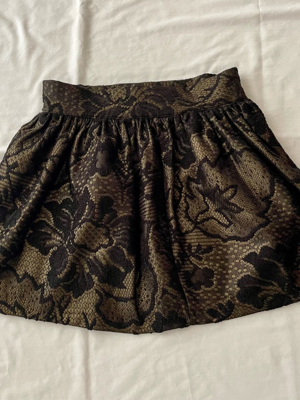 Black Gold Lace Gathered Mini Skirt Babydoll Gothic Floral Brocade Side Zip XS/S